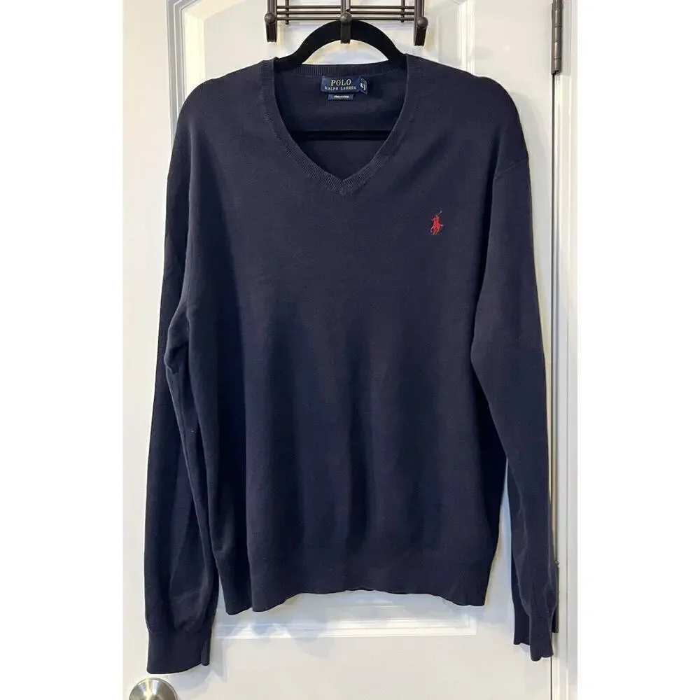 Polo Ralph Lauren Sweater Mens XL Blue Pima Cotton V Neck Preppy